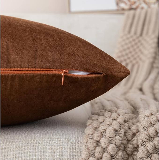ZLINA Set of 2 Velvet Decorative Throw Pillow Covers Coffee Brown White Patchwork with Gold Leather Pillow Covers 24 × 24 Inch Cushion Covers Decor Living Room Sofa Bedroom Car