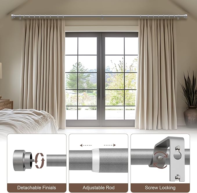 2 Pack Modern Silver Curtain Rods Set for Windows 28 to 48 Inches Adjustable Length Heavy Duty 1" Diameter Window Curtain Rod with Decorative Finials for Outdoor Bedroom Kitchen Living Room