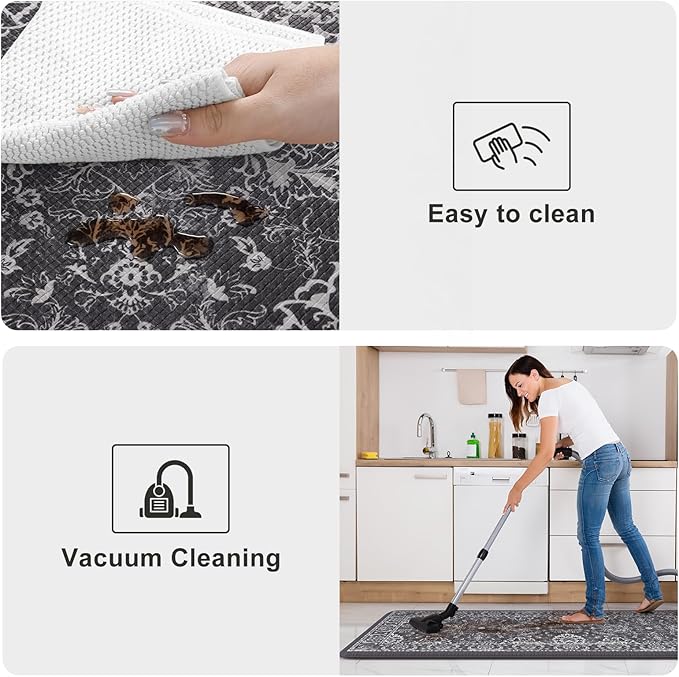 KIMODE Comfort Kitchen Mats for Floor Cushioned Anti Fatigue 2 Piece,Boho Floral Kitchen Rugs Non Slip,Waterproof Memory Foam Kitchen Mat Carpet for Laundry Office Home,Dark Grey 17"x29.5"+17" x47”