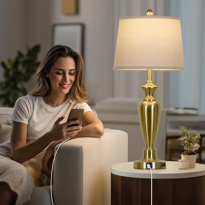 30" Tall Gold Table Lamp for Living Room, 3-Way Dimmable Touch Control Bedside Lamp for Bedroom Nightstand with USB A+C Ports & AC Outlet (1 Pack)