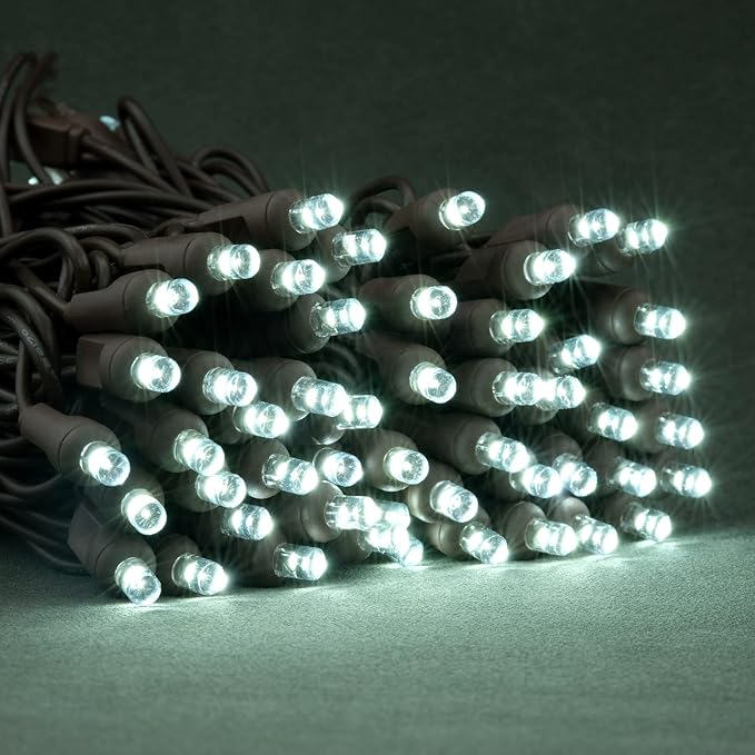 YULETIME Cool White 5MM LED Christmas Lights, 33 ft 100 Count 4" Spacing One-Piece High Waterproof Wide Angle UL Certified String Light (Cool White - Brown Wire)