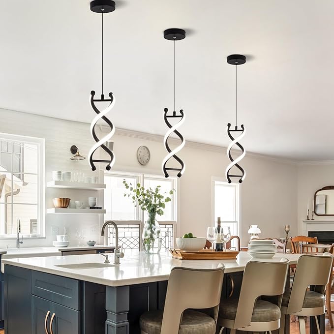 CANEOE Spiral Led Pendant Light Fixture,15W Dimmable Modern Integrated LED Pendant Lamp, Adjustable Height Kitchen Island Hanging Light Fixture for Living Room Bedroom Kitchen Sink, 1 Pack (Black)