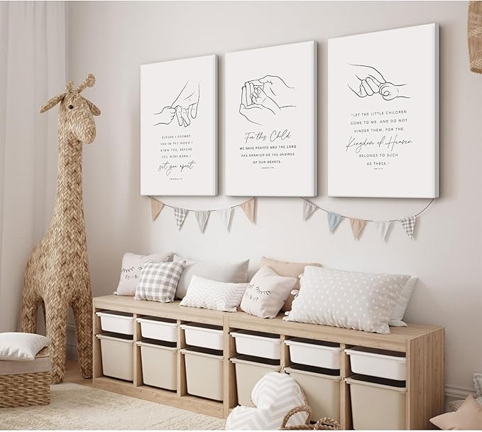 Joocrise Nursery Scripture Wall Art Set of 3 Nursery Bible Verse Wall Decor Baby Christian Canvas Art Christian Artwork Bible Verse Poster for Kids Room 16x24 Inch Ready to Hang