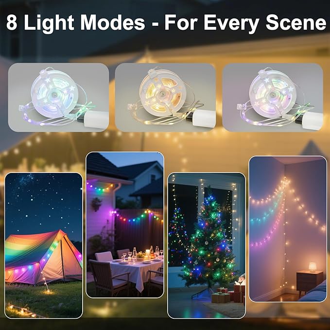 Moobibear Camping String Lights, Quick Storage, 33FT/100LED RGB Rechargeable Tent Lights String with USB 8 Lighting Modes, Hanging Waterproof Portable LED Lamp for for Camping Essentials, Yard, Party