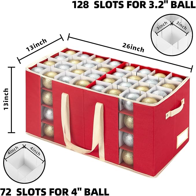 Christmas Visible Ornament Storage Box with Adjustable Dividers/Side Pockets,Ornaments Organizer with Zipper, Storage Container Bin for Christmas Decorations(128 Ball, Red, without Tray)