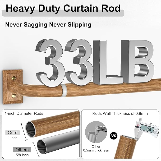 Wood Curtain Rods 2 Pack, Heavy Duty Wrap Around Curtain Rod for Windows 28 to 48 Inch, 1" Adjustable Decorative Blackout Curved Drapery Pole, Modern Room Darkening Rod, Window Treatment Rods