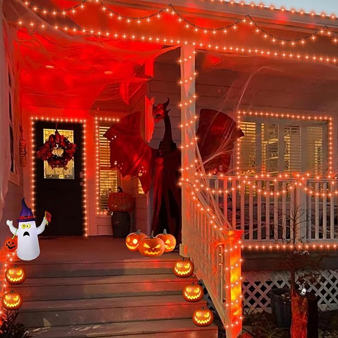 QITONG 165ft 500 LED Orange Christmas Lights, Christmas String Lights Outdoor Waterproof with 8 Modes, Green Wire Orange String Light Plug in Indoor with Timer Memory