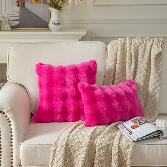 Yaertun Pack of 2 Hot Pink Thick Soft Wool Decorative Throw Pillow Covers 12x20 Inch Faux Fur Plush Fluffy Cushion Covers for Sofa Couch Bedroom