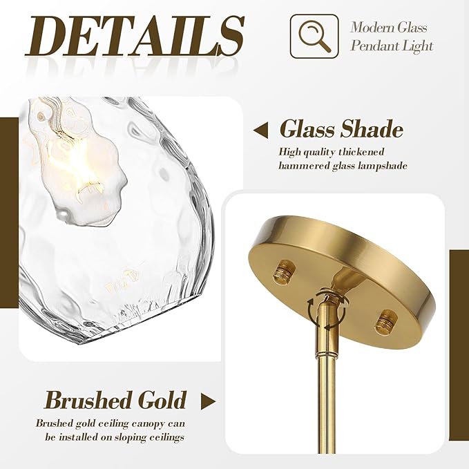Brushed Gold Pendant Lights Kitchen Island 2 Pack, Modern Glass Pendant Light Fixtures with Hammered Glass and Rods, Adjustable Brass Hanging Light for Kitchen Sink Dining Room Bathroom