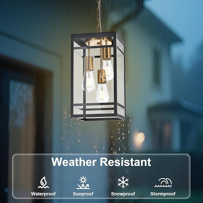 3-Light Outdoor Pendant Lights for Porch, Black & Brushed Brass Outdoor Chandelier 16'' Exterior Hanging Porch Light Fixtures w/Clear Glass, Waterproof Outside Pendant Lantern for Garage