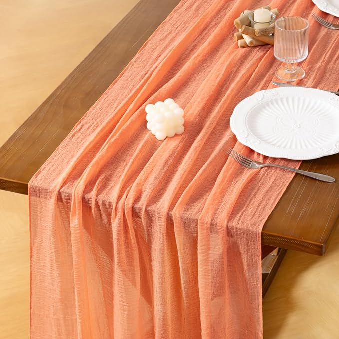 Socomi Peach Orange Valentine's Day Gauze Cheesecloth Table Runner 120 Inch Rustic Boho Cheese Cloth Runner for Wedding Party Baby Bridal Shower Centerpiece Decoration Holiday Home Decorations