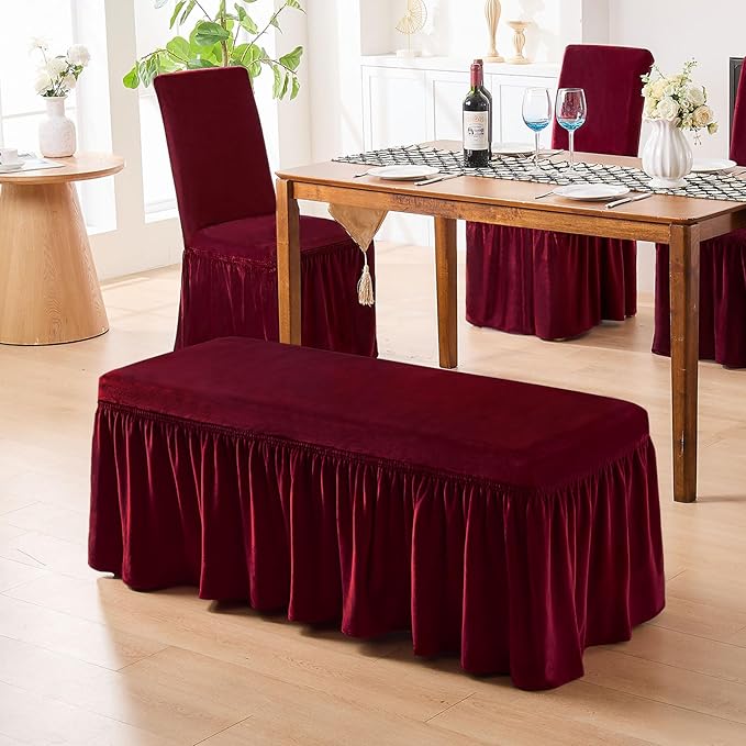 NICEEC Spandex Stretch Dining Bench Cover with Skirt Removable Bench Slipcover Rectangle Washable Bench Cushion Covers for Dining Room Living Room Bedroom Kitchen(Red)