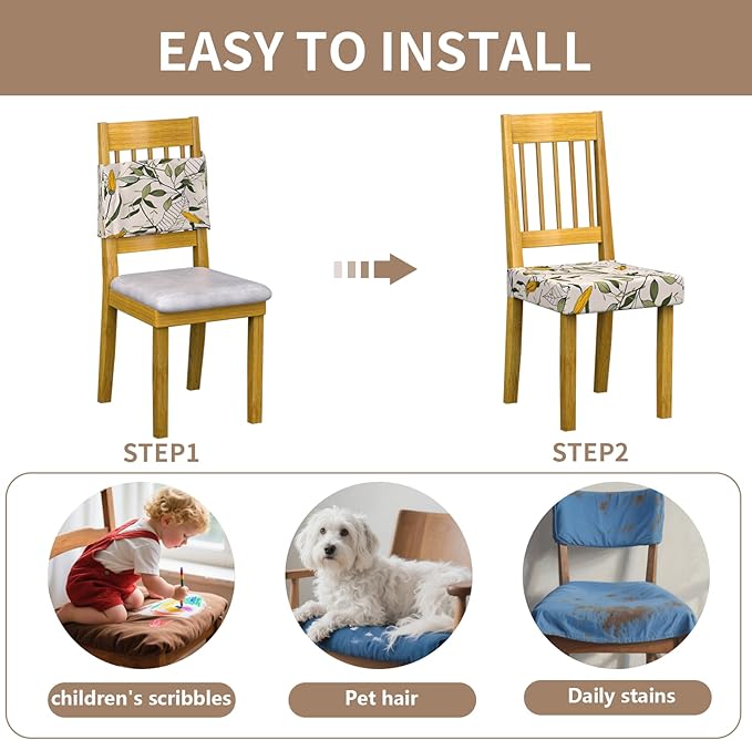 Stretch Dining Chair Seat Covers Set of 6,Dining Chair Slipcovers, Floral Printed Chair Covers,Soft Fabric Washable Upholstered Chair Seat Protector, No Rear Covers for Home Kitchen Dining Room