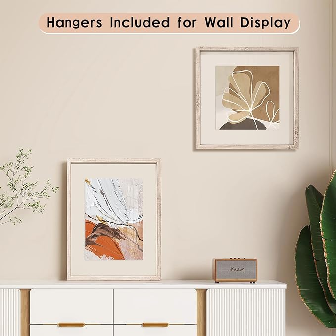 MUYE 12x12 Floating Frame Distressed Beige White Wood Pattern,Double Glass Square Picture Frame Set of 2 Display Any Size Photo up to 12x12,Wall Mount or Tabletop