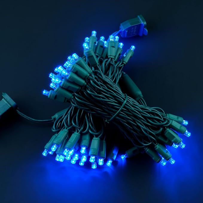 YULETIME Blue 5MM LED Christmas Lights, 33 ft 100 Count 4" Spacing One-Piece High Waterproof Wide Angle UL Certified String Light (Blue - Green Wire)