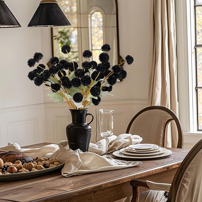 Hananona 12 Piece Artificial Chrysanthemum Flowers, Mini Black Kiku Pom Pom Mums Flower Faux Floral Arrangements Halloween Centerpiece for Fall Home Kitchen Decor (12, Black)