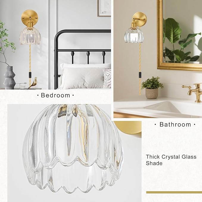 Plug in Wall Sconces Set of 2, Vintage Wall Lamp with Plug in Cord Clear Tulip Shade Decor Indoor, Gold Wall Light for Bedroom Bedside Kids Living Room Bathroom