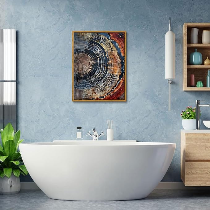 IBHJSART Framed Tree Ring Canvas Wall Art Vintage Colorful Wood Stump Painting Prints Modern Minimalist Pictures Neutral Nature Rustic Farmhouse Decor Living Room Bedroom Bathroom Office
