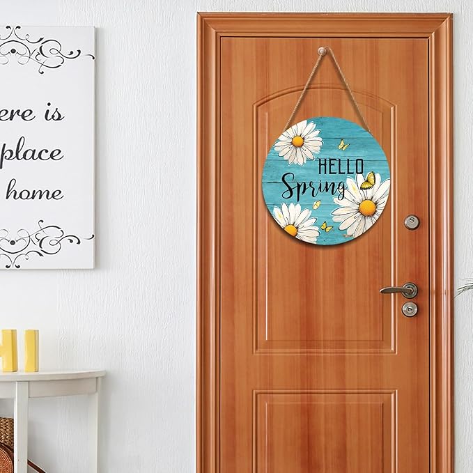 Spring Daisy Flower Sign for Front Door Hello Spring Wall Hanging Sign 12”x12” Welcome Butterfly Wood Door Hanger Farmhouse Rustic Blue Daisy Floral Wreath Sign for Home Outdoor Outside Porch Decor