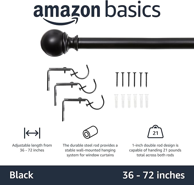 Amazon Basics Adjustable Curtain Rods for Windows, Round Finials, 1-Inch Rod, 36" to 72", Black, Pack of 2