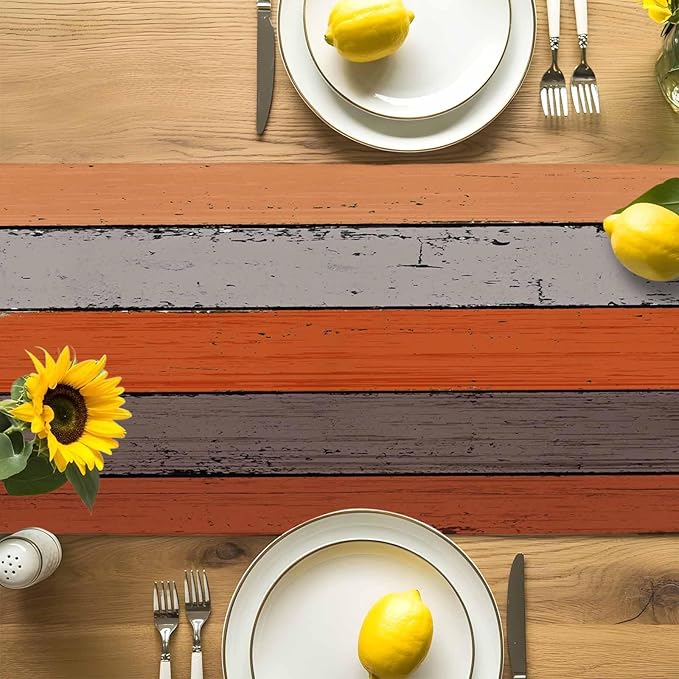 Farmhouse Cotton Linen Table Runner Dresser Scarf Retro Rustic Barn Wood Texture Ombre Burnt Orange Gray Non-Slip Rectangle Settings Decoration for Kitchen Home Dining Holiday,72 inches Long