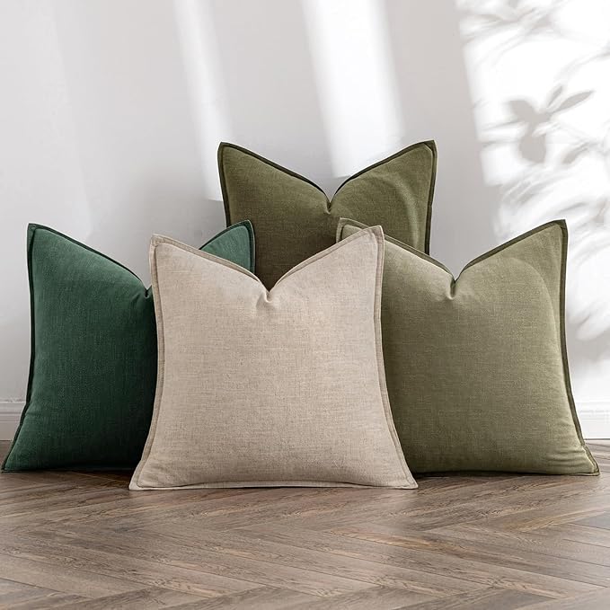 MIULEE Neutral Green Linen Pillow Covers Pack of 4 Christmas Decorative Natural Throw Pillow Covers Soft Accent Boho Farmhouse Couch Pillowcases Modern Home Decors for Living Room Bed Sofa 24x24 Inch