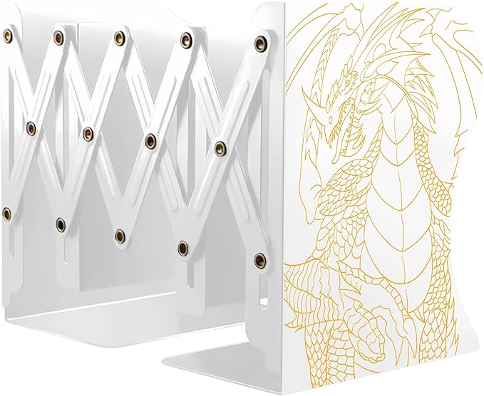 Dragon Bookends, Adjustable Bookends, Unique Book Holders for Shelves, Metal Book Ends for Heavy Books, Non-Skid Book Stander for Desk, Shelf, Office, Stationery Gift (White 2)