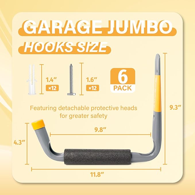 9.8" Ladder Hooks for Garage Wall, 6PC Garage Storage Hooks with Jumbo Arm, Heavy Duty Large Hooks for Tools, Bikes, Chairs, and Outdoor Organization