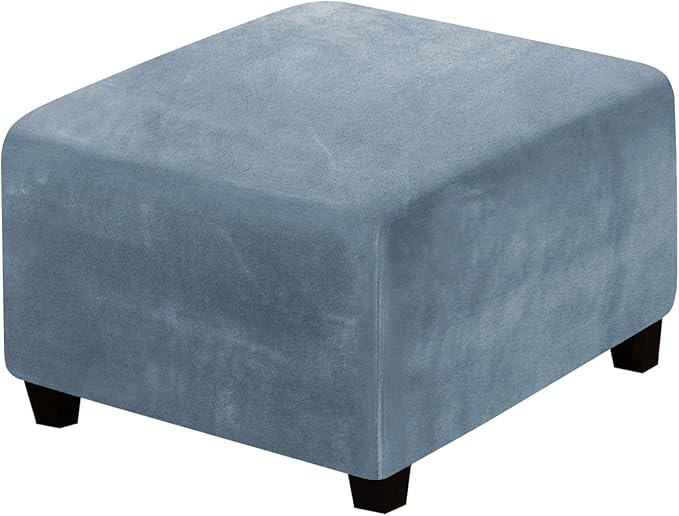 H.VERSAILTEX Square Ottoman Covers Ottoman Slipcover Square Footstool Protector Covers Storage Stool Ottoman Covers Stretch with Elastic Bottom, Feature Real Velvet Plush Fabric, Stone Blue