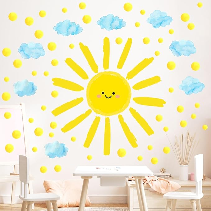 Sun Wall Decals Watercolor Cloud Wall Stickers for Kids Room, 12 Sheets Large Sun Cloud Wall Decor Posters Polka Dots Wall Stickers Home Decorations for Girls Room Bedroom Play Room