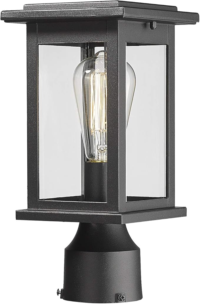 Outdoor Post Light Fixtures, HWH Exterior Pillar Lantern Pole Lamp in Matte Black Finish with Clear Glass Shade, 5HD37P BK