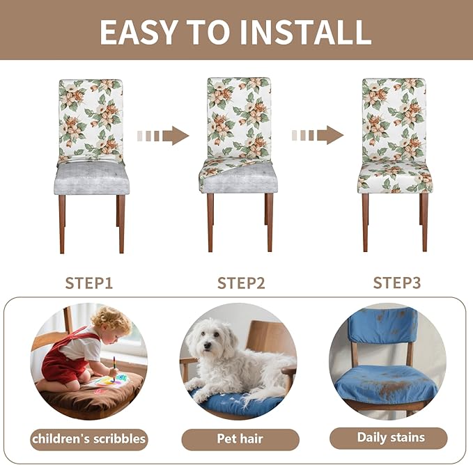 Stretch Dining Chair Covers Set of 6,Floral Print Chair Covers,Soft Removable Washable,Pet Friendly Furniture Protector,Universal Chair Slipcovers for Home, Kitchen,Ceremony Dining Room Seat