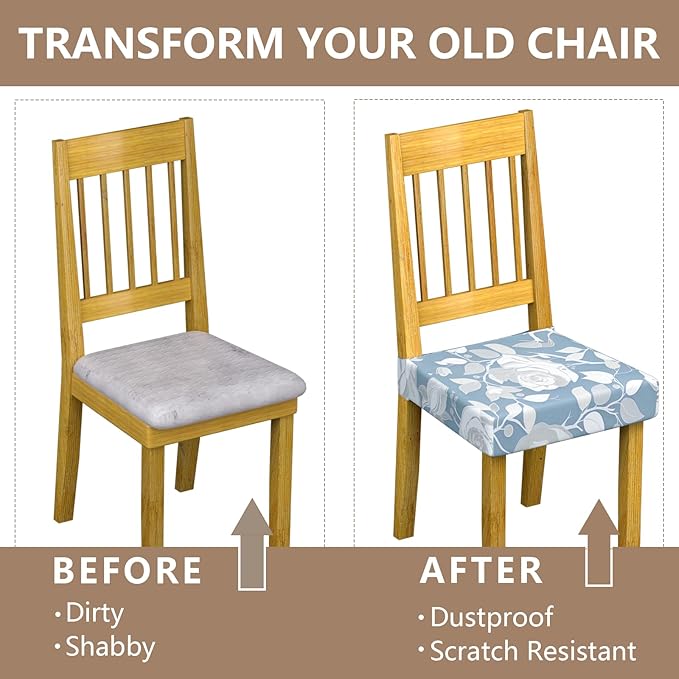 Stretch Dining Chair Seat Covers Set of 2,Dining Chair Slipcovers, Floral Printed Chair Covers,Soft Fabric Washable Upholstered Chair Seat Protector, No Rear Covers for Home Kitchen Dining Room
