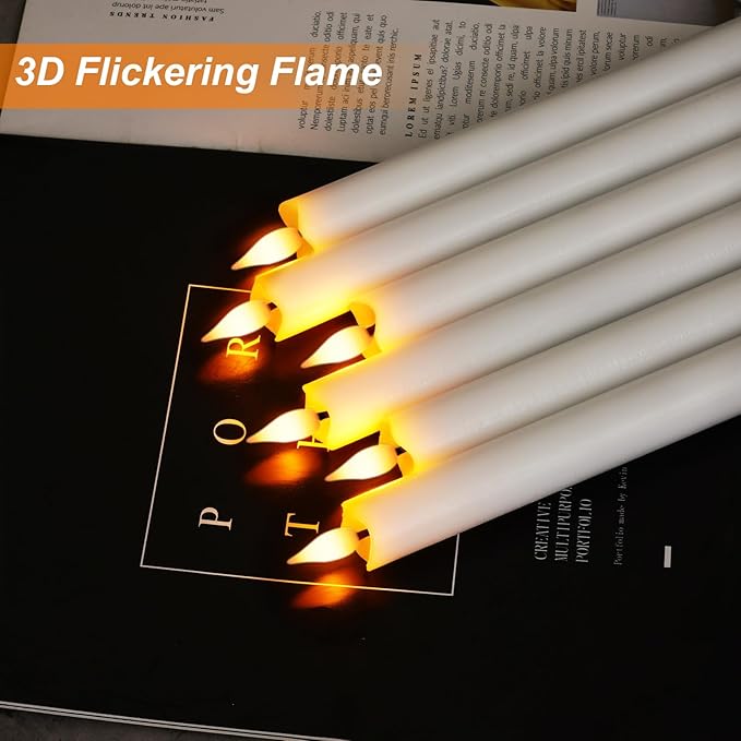 Homemory 6 Pcs Wax Flameless Taper Candles with Remote Timer and Dimmer, White Candle Sticks Battery Operated, LED Window Candles with Flickering Light, 9.6 Inches for Wedding Home Indoor Decoration