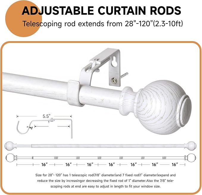 Wood Curtain Rods for Windows 66 to 120 Inches,1 inch Heavy Duty Window Curtain Rod with Imitation Wood Grain Finials,Decorative Drapery Rods Adjustable, 28"-120"(2.3-10ft), White Wood