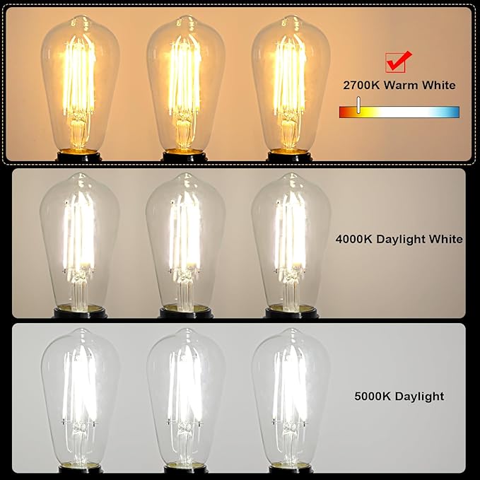 Ascher Vintage LED Edison Bulbs, 6W, Equivalent 60W, Non-Dimmable, Warm White 2700K, ST58 Antique LED Filament Bulbs with 80+ CRI, E26 Medium Base, Clear Glass, Pack of 8