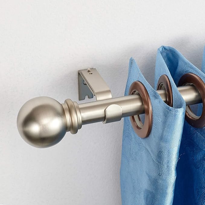YunNephele Window Curtain Rods 36-72 inches Nickel Brushed, Classic Ball Finials Design Curtain Rod, 1 inch Metal Iron Single Drapery Rod, Heavy Duty Adjustable Curtain Rod Set
