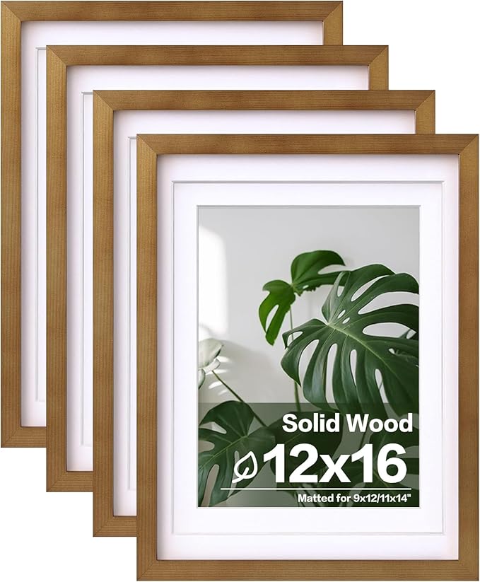 Egofine 12x16 Picture Frame with Plexiglass Made of Solid Wood, Display Pictures 9x12/11x14 with Mat or 12x16 Without Mat Set of 4 for Wall Mounting,Light Brown