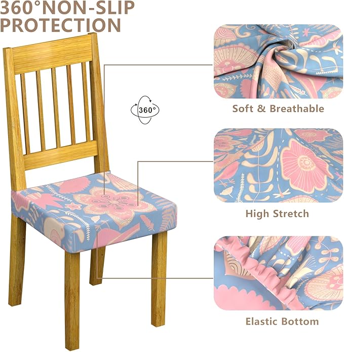 Stretch Dining Chair Seat Covers Set of 6,Dining Chair Slipcovers, Floral Printed Chair Covers,Soft Fabric Washable Upholstered Chair Seat Protector, No Rear Covers for Home Kitchen Dining Room