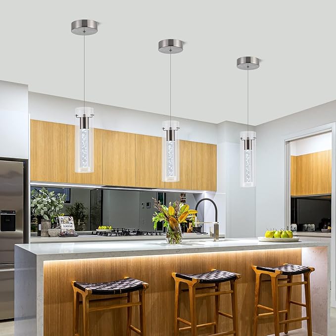 Pendant Ceiling Light Fixture, LED Kitchen Lighting Crystal Pendant Lights Kitchen Island, Kitchen Hanging Light Fixture Modern Island Light with Bubble Glass Three Pack