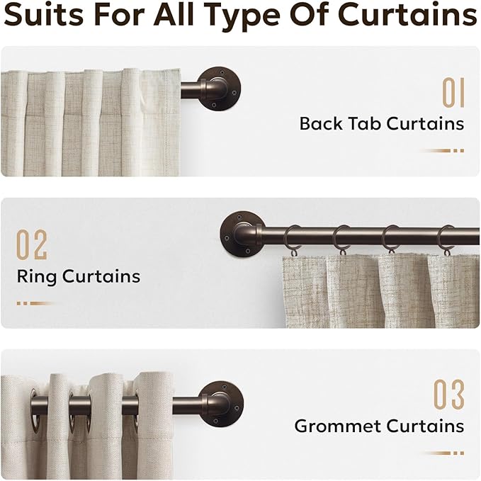 Zeerobee Curtain Rods for Windows 66 to 120, 1 Inch Industrial Wrap Around Curtain Rod, Indoor/Outdoor Room Divider Adjustable Drapery Pole, 66"-120", Antique Bronze