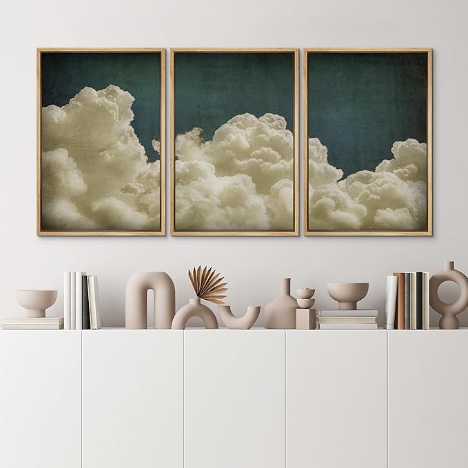 MUDECOR Framed Wall Art Print Set Vintage Cloudscape Dreamy Cotton Clouds Illustrations Modern Art Decorative Colorful Chic for Living Room, Bedroom, Office - 24"x36"x3 Natural