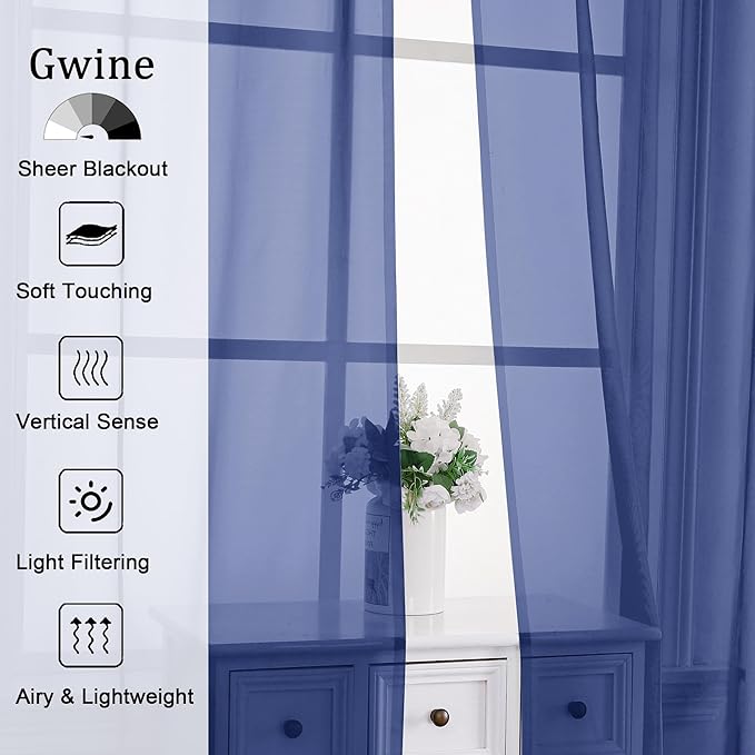 Gwine Royal Blue Sheer Curtains 63 Inch Length for Living Room 2 Panels, Light Filtering Rod Pocket Window Curtain Treatment for Bedroom, Voile Elegant Sheer Drapes，Each 42" Wx63 L, Royal Blue