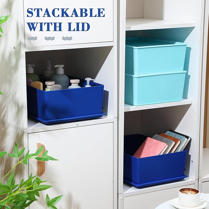 Menkxi 4 Pcs Storage Bins with Lids Plastic Stackable Containers for Organizing Shelves Christmas Ornament Box Baskets(Dark Blue, Light Blue,Large)