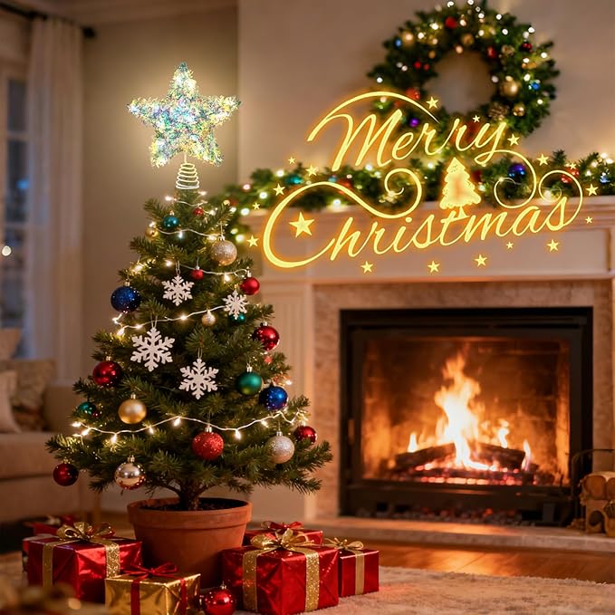 LAWOHO Christmas Tree Topper Star, Exquisite Christmas Decor, Mini Shiny Iridescent 6 Inch Christmas Tree Decoration with 6H Timer, 10 Warm Lights for Xmas Tree, Holiday & Party, Indoor Home