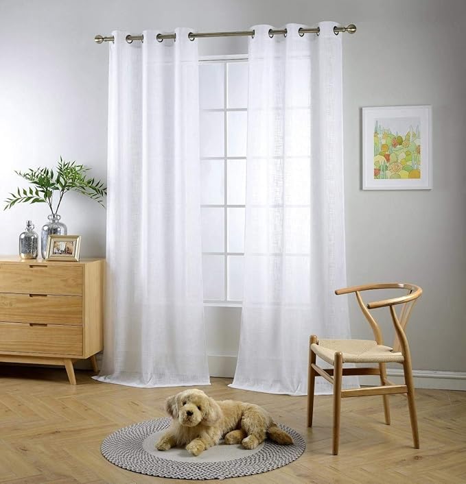 MIUCO White Sheer Curtains Poly Linen Textured Solid Grommet Curtains 95 Inches Long for French Doors 2 Panels (2 x 37 Wide x 95" Long) White