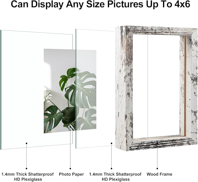 Egofine Distressed White 4x6 Floating Frames Set of 2, Double Plexiglass Picture Frame, Made of Solid Wood Display Any Size Photo up to 4x6, Wall Mount or Tabletop Standing