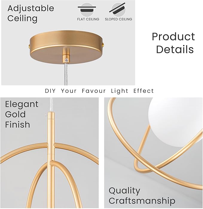Gold Globe Pendant Lights, Mid Century Modern 1-Light Hanging Lihghting Fixture with Frosted Glass for Kitchen Island Dining Room Bedroom Entryway Hallway