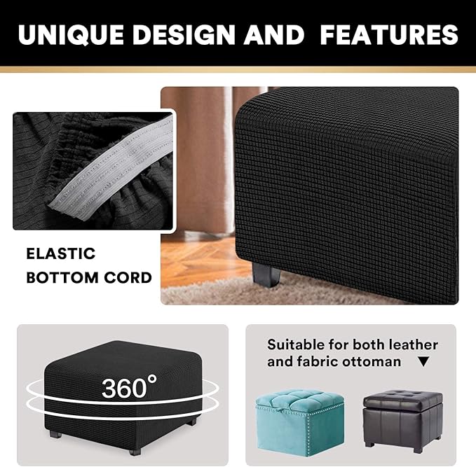 PrinceDeco Stretch Ottoman Cover Ottoman Slipcovers Square for Living Room Foot Stool Stretch Covers to Fit Ottoman Foot Rest, Thick Checked Jacquard Fabric with Elastic Bottom (Medium Size, Black)