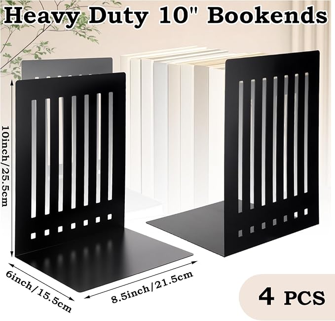 4 Pcs 10 Inch Heavy Duty Bookends Non-Skid Base Large Black Heavy Duty Book Ends Stopper for Office Books Vinyl Records Shelves Binders